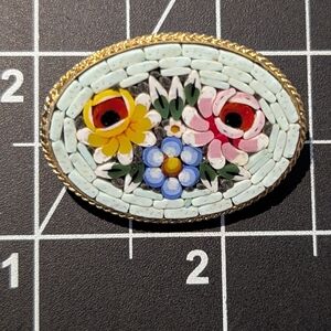 Floral Mosaic Brooch with Gold Trim